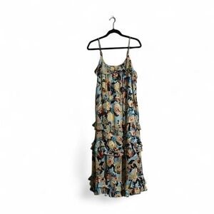 Buffalo David Bitton Maxi Dress Sz L Floral Spaghetti Straps Tiered Ruffles